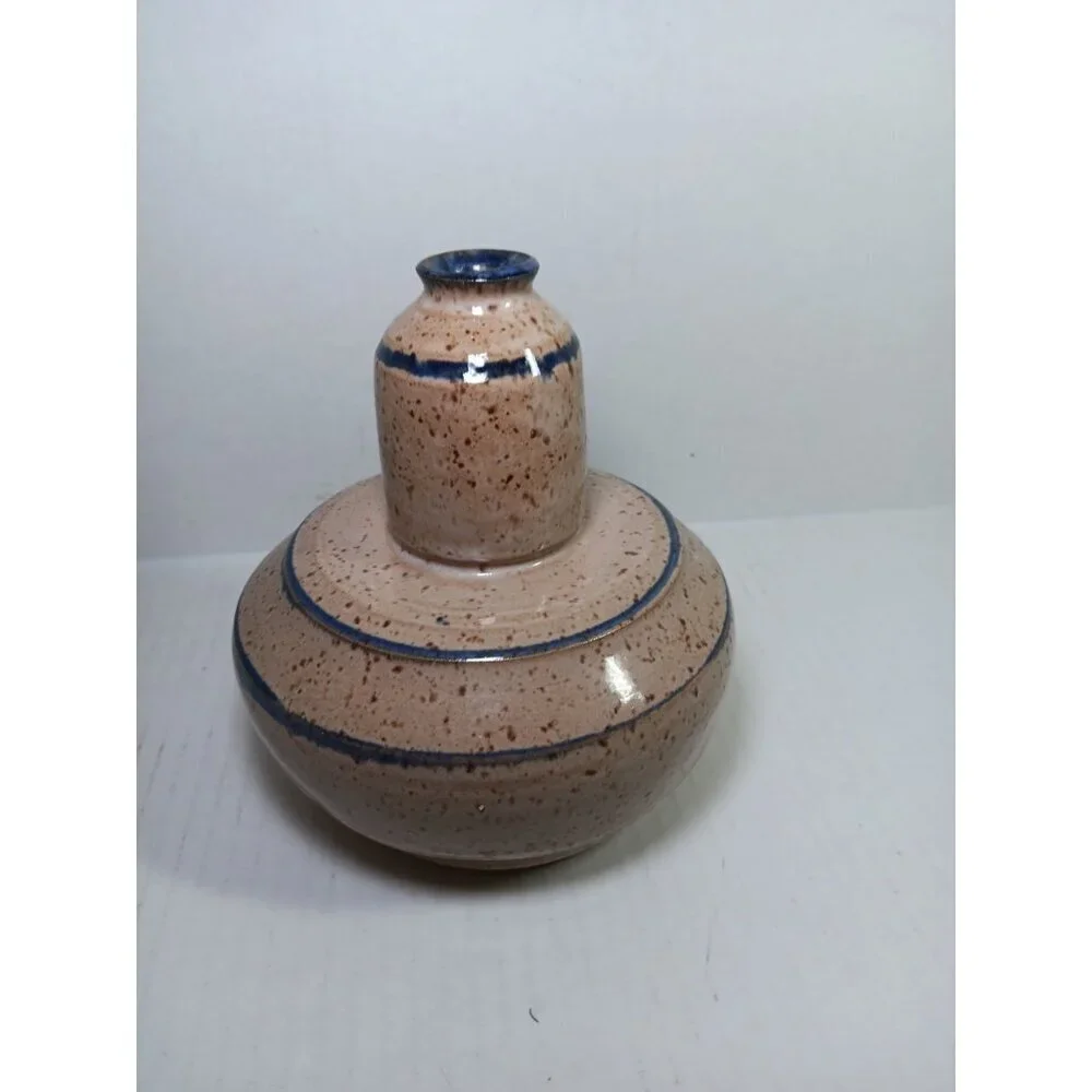 Vintage Signed Handmade Studio Art Pottery Stoneware Bud Vase Glazed Blue Beige